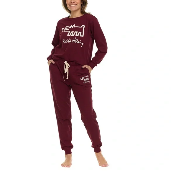 NWT Keith Haring Burgundy Lounge Set Sweatshirt Joggers Sz L - Picture 1 of 3